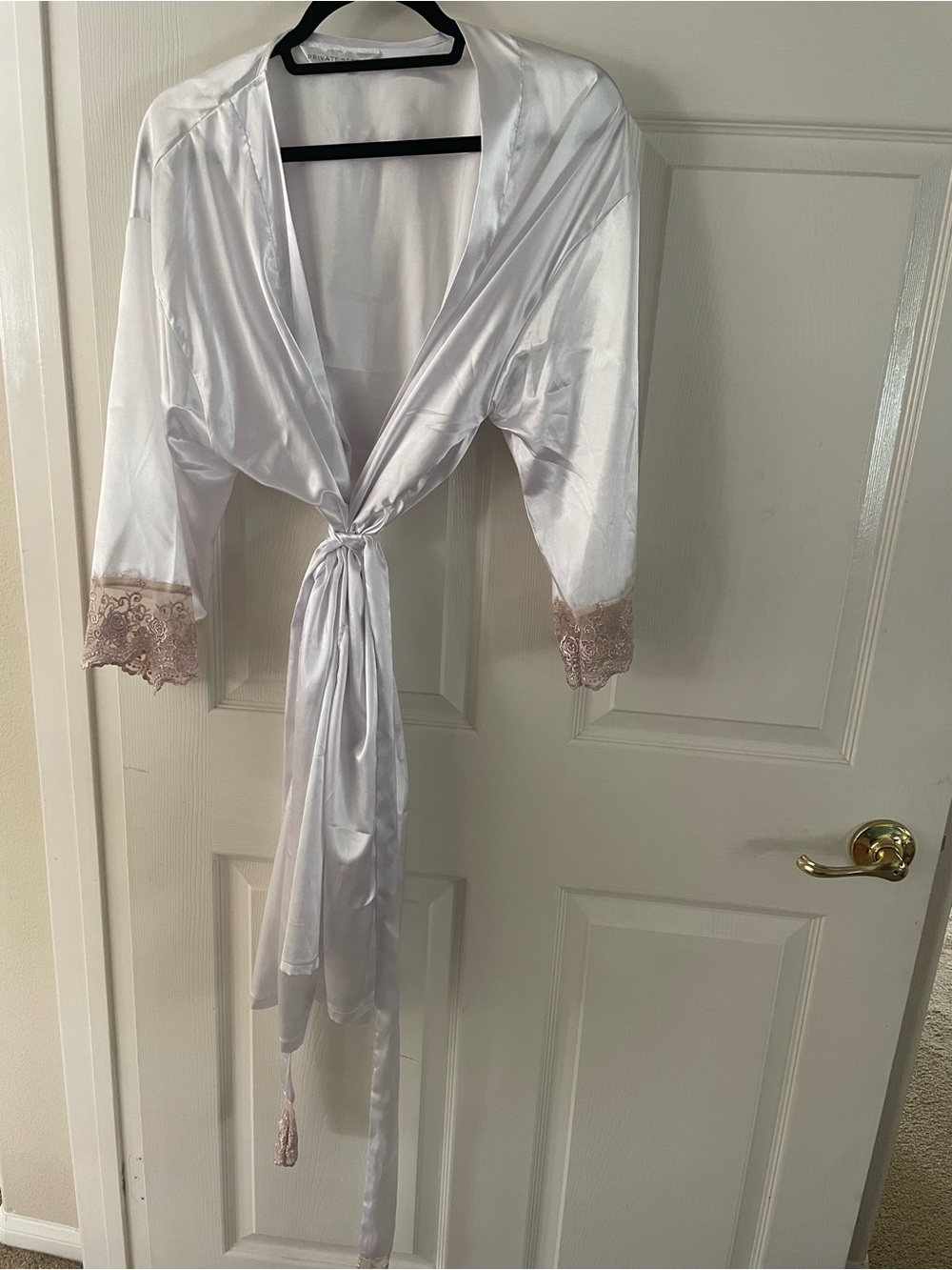 Silky Satin Tie-Front Robe with Blush Lace Cuffs- Fits women’s medium